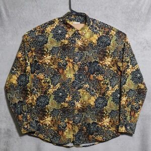 Yiume Shirt Mens Large Brown Floral Print Long Sleeve Button Up Cotton Tropical